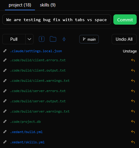 Git-боковая панель в Pastukhov Code, показывающая вкладки репозиториев, изменённые файлы и быстрый коммит