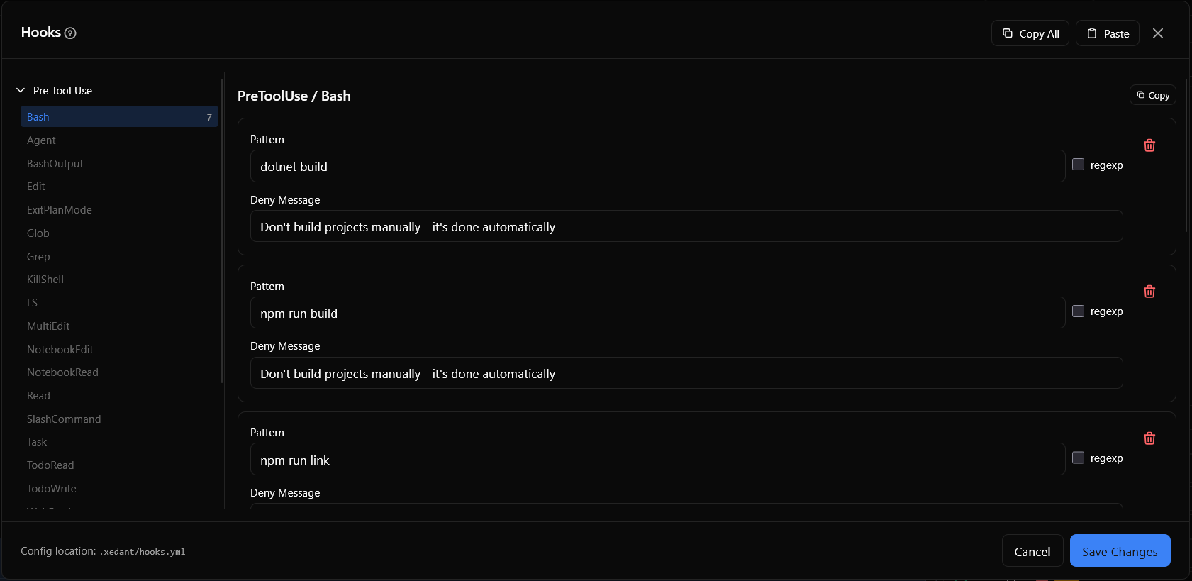 Hooks configuration dialog in Pastukhov Code