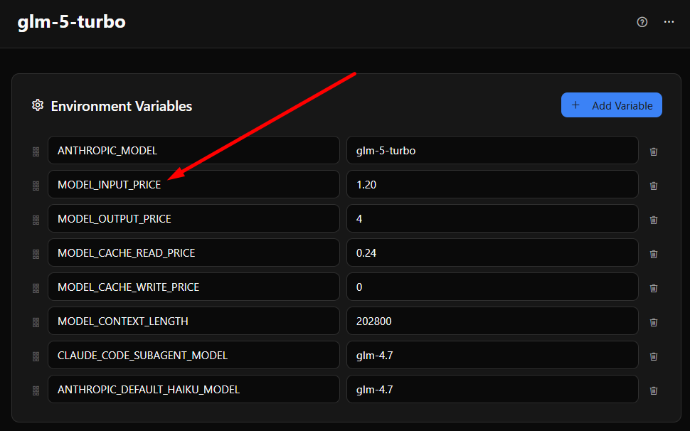 Model pricing setup in environment page