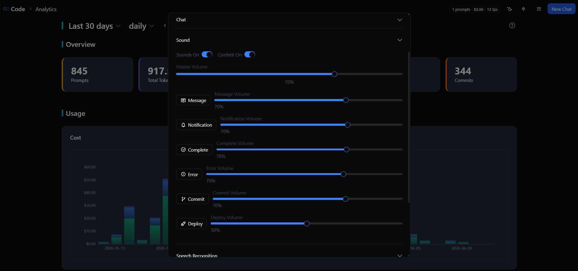 Sound section in Settings dialog