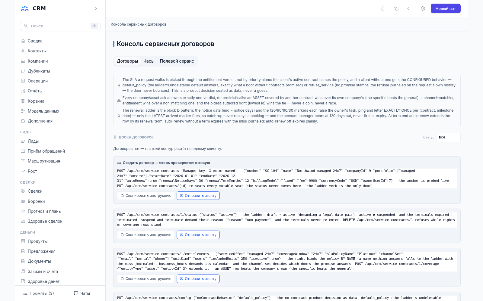 Консоль сервисных договоров CRM-агента, вкладка «Договоры»: уровни сервиса, площадки и сроки реакции