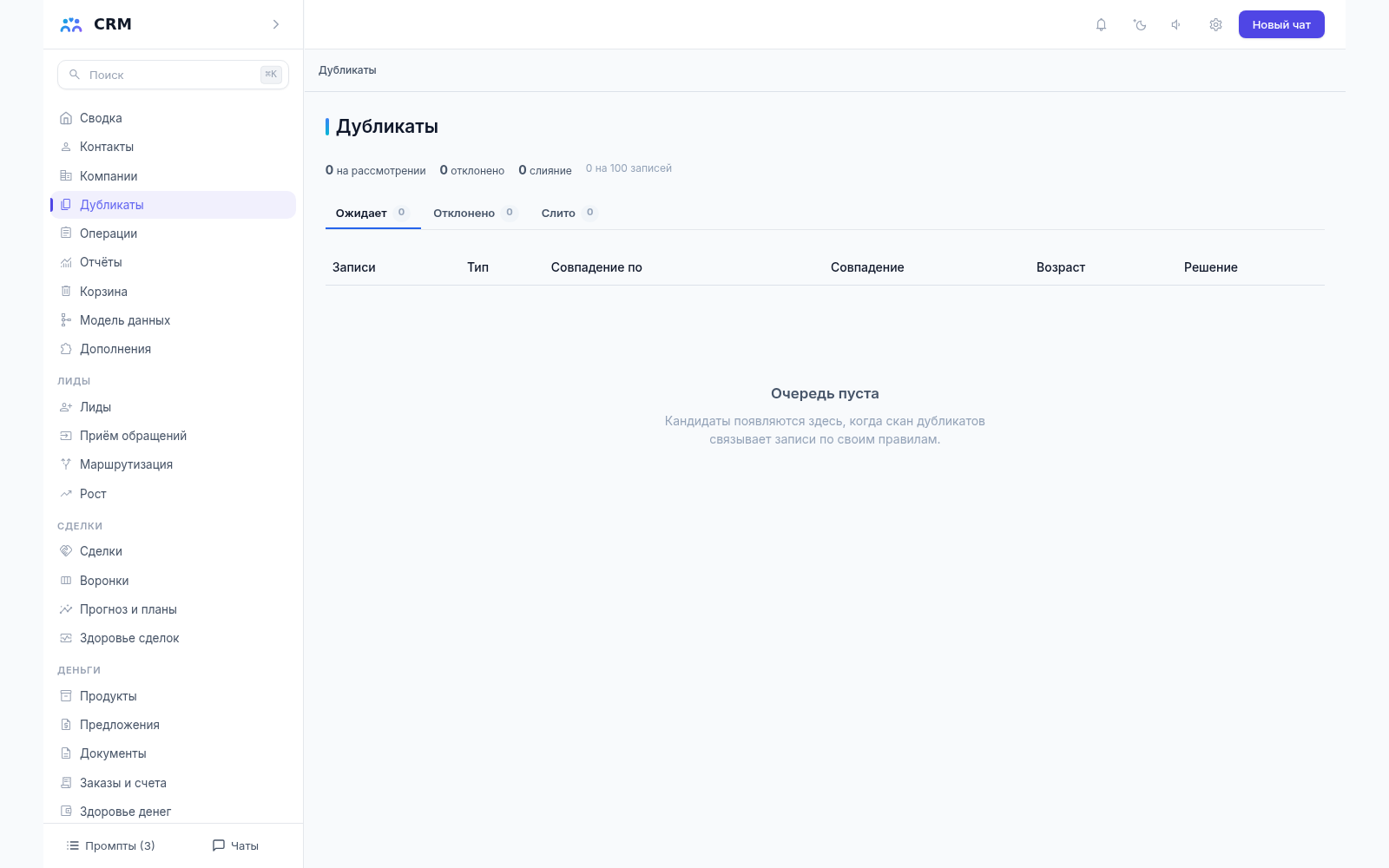 Экран дубликатов CRM-агента: счётчики решений и пустая очередь разбора — кандидатов в демо-базе нет