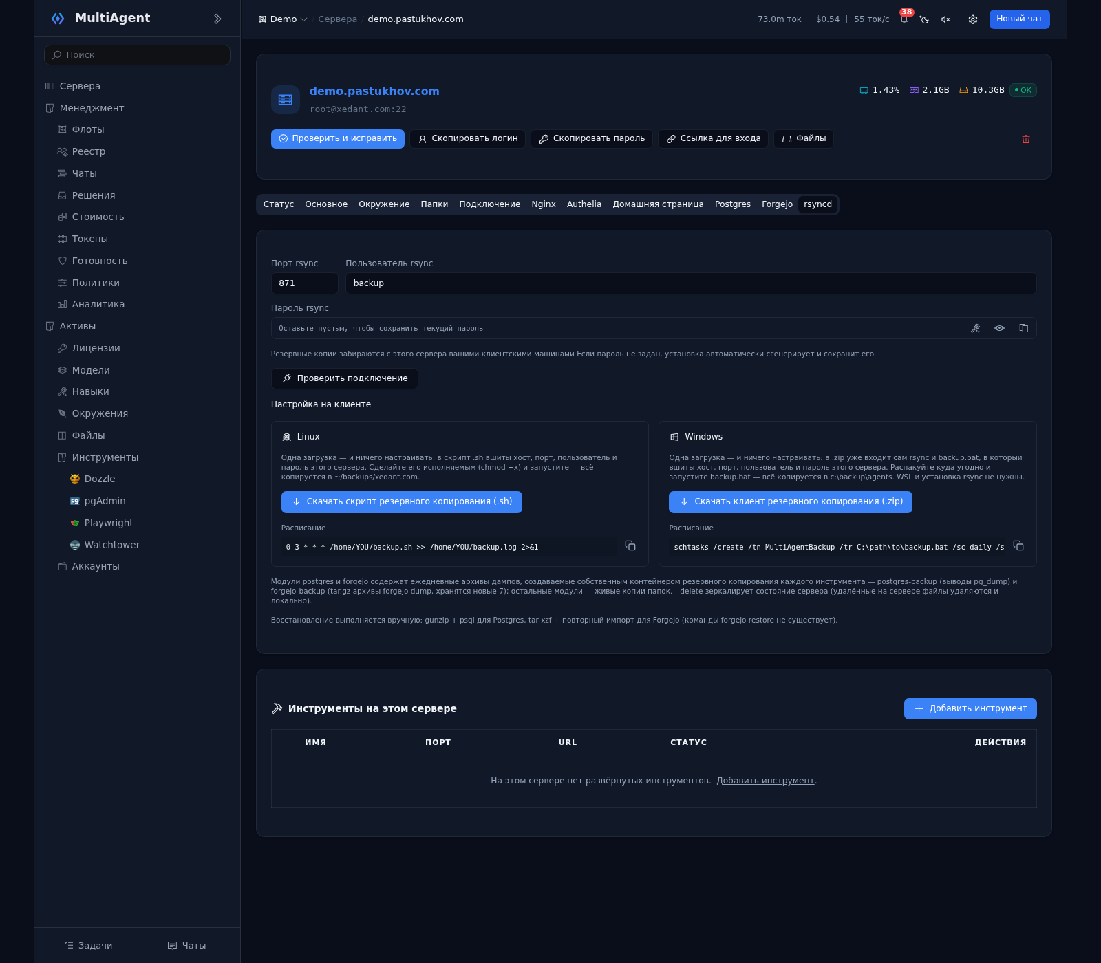 MultiAgent: страница сервера demo.pastukhov.com, вкладка rsyncd — порт, пользователь и пароль rsync, проверка подключения, готовые скрипты резервного копирования для Linux и Windows и расписание