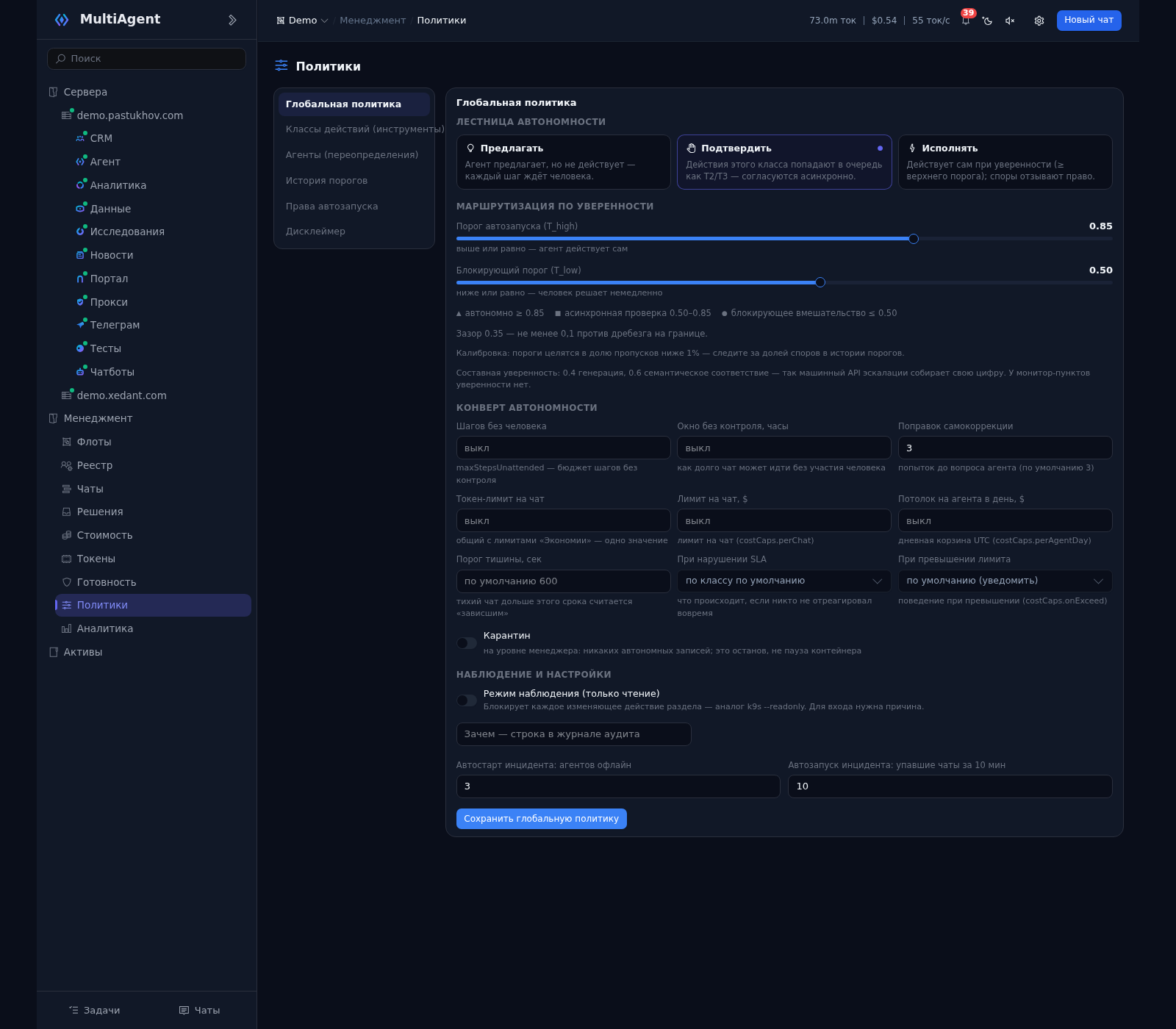 MultiAgent: страница «Политики» — лестница автономности «Предлагать / Подтвердить / Исполнять», пороги по уверенности (автозапуск 0.85, блокирующий 0.50), шкала зон решений и конверт автономности с бюджетом шагов без человека