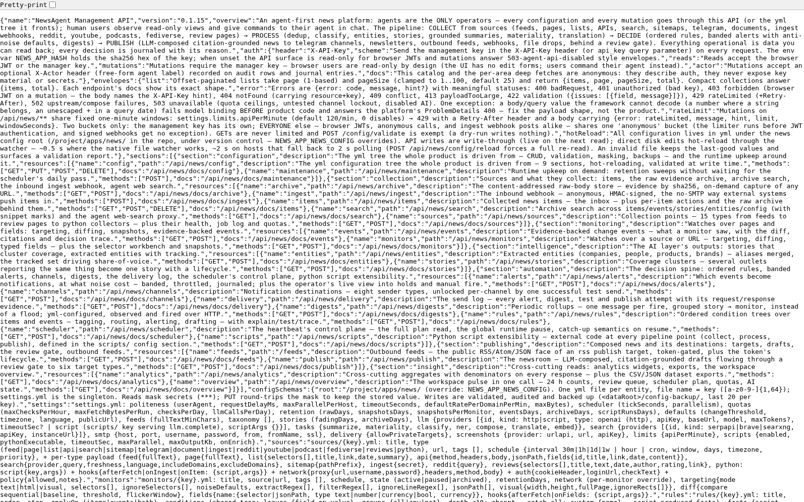 Страница документации Management API новостного агента: описание авторизации по заголовку X-API-Key и каталог эндпоинтов /api/news/* с пояснениями